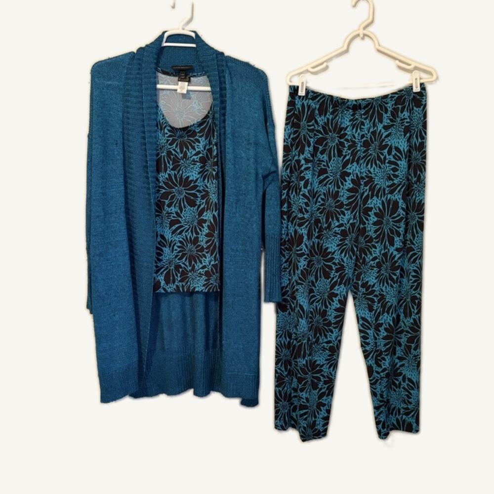 Lane Bryant Salon Studio 3-Piece Teal Floral Tank Pants Cardigan Set L/14-16